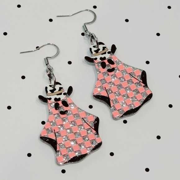 Pink Checkered Cowboy Ghost Earrings Stainless Steel Hooks Western Halloween NEW - Picture 2 of 7